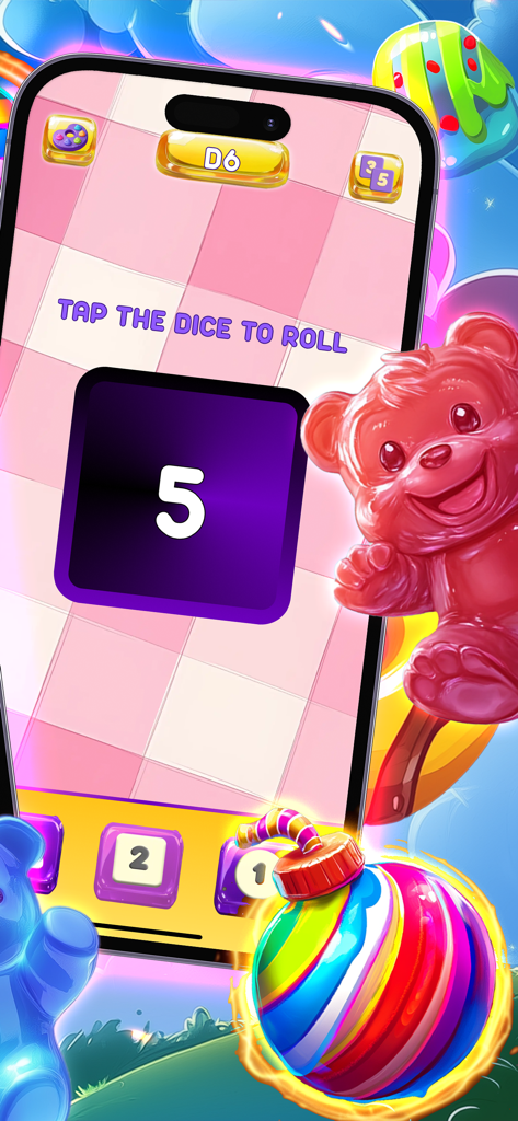 Candy Score app interface showing a virtual six-sided die roll result of five with a candy themed gummy bear background