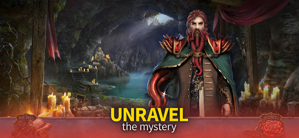 A mysterious character with red tentacle hair standing in a dark candlelit cave with a mermaid statue.