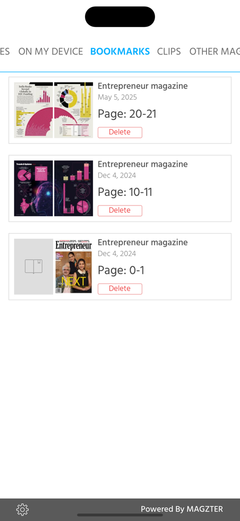 Entrepreneur magazine India - The bookmarks section of the Entrepreneur magazine India app showing a list of saved articles and pages