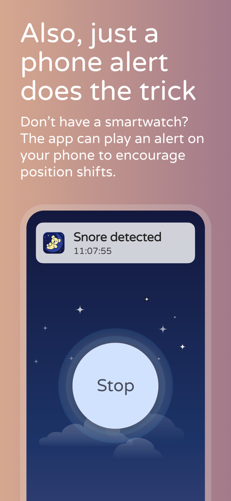 Koala Nap: Stop Snoring Now - Smartphone screen showing a snore detected alert from the Koala Nap app to encourage position shifts without a smartwatch