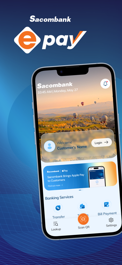 Sacombank E-Pay - Sacombank E-Payモバイルアプリのホーム画面。送金や請求書支払いなどの銀行サービスが表示されています。