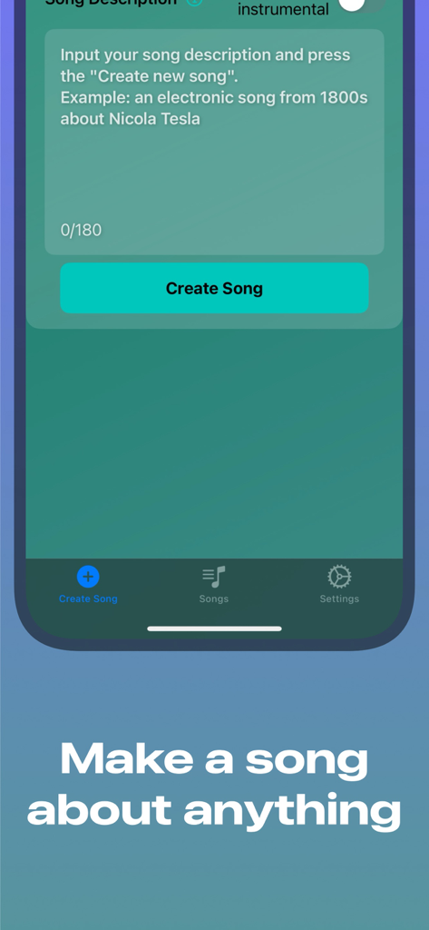 Interface pour saisir les descriptions de chansons dans l'application AI Song