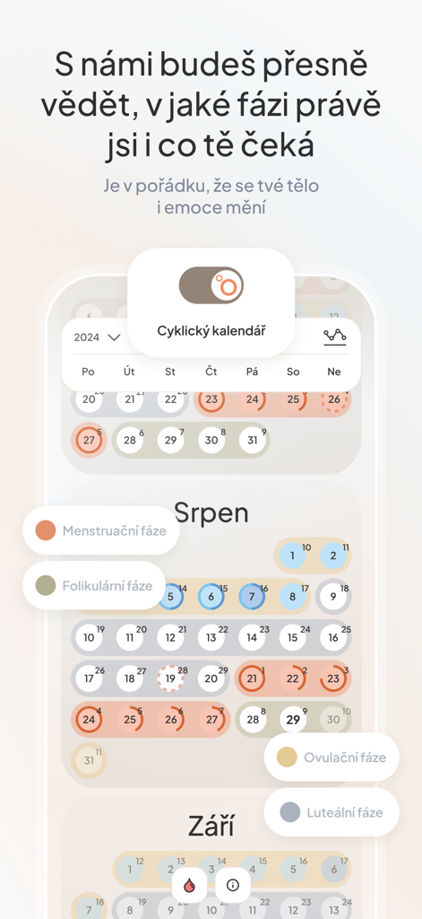 Ocycle ovulation & cycle app - Ocycle app interface displaying a color-coded monthly menstrual cycle calendar with phase labels.