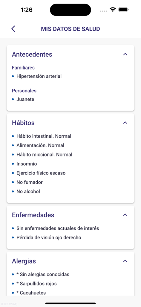 IMQ mobile app screen showing personal health data including medical history lifestyle habits and allergies