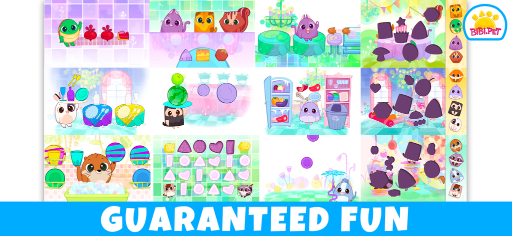 Bibi.Petキャラクターが登場する、図形仕分けや色合わせを含む幼児向け教育ミニゲームのコラージュ