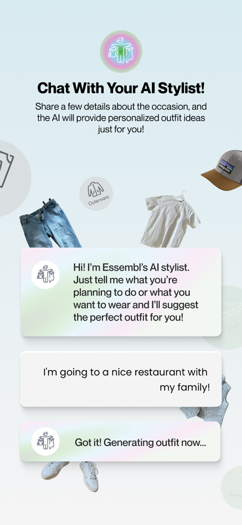 A chat interface showing the Essembl AI stylist suggesting a personalized outfit for a restaurant dinner based on user input
