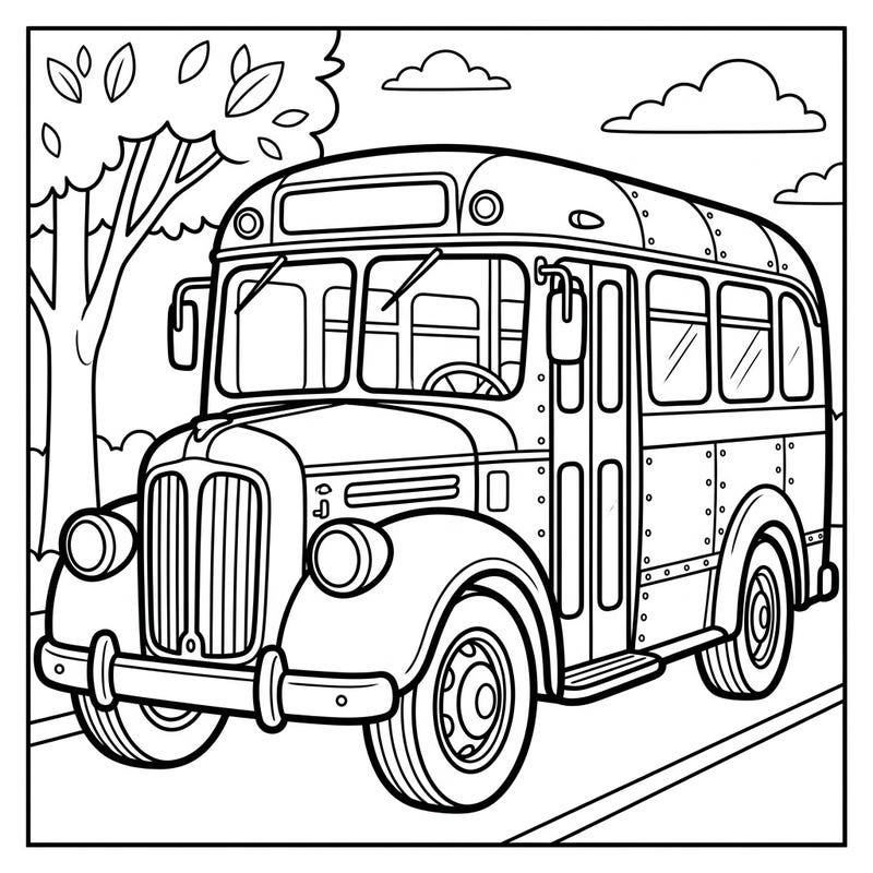 Step aboard for a nostalgic trip with this charming vintage bus coloring page, thoughtfully designed for seniors. Its clear, bold lines provide an accessible and delightful coloring experience.