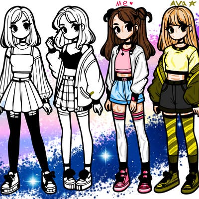 one girl with crop-top shirt and a jacket with a skirt, long socks and another girl with a shirt and pants with a jacket