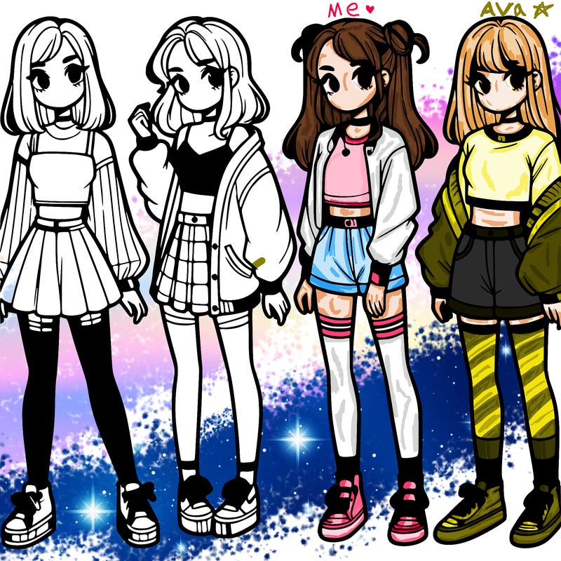 one girl with crop-top shirt and a jacket with a skirt, long socks and another girl with a shirt and pants with a jacket