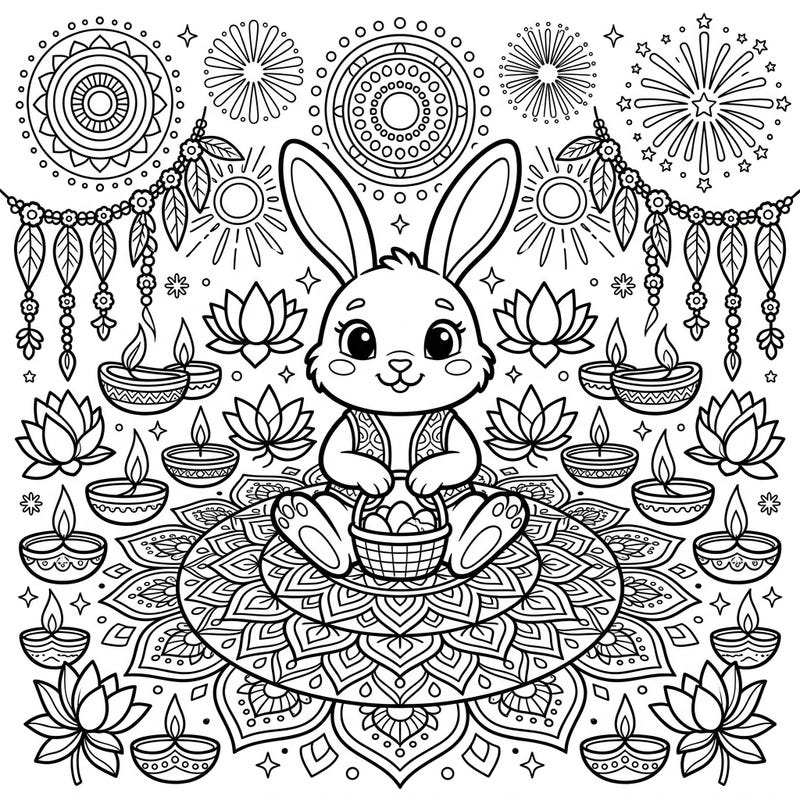 Merge the charm of Easter with the radiance of Diwali in this unique coloring page! An adorable Easter bunny is nestled amidst intricate patterns, glowing diyas, and festive fireworks, ready for your creative touch.
