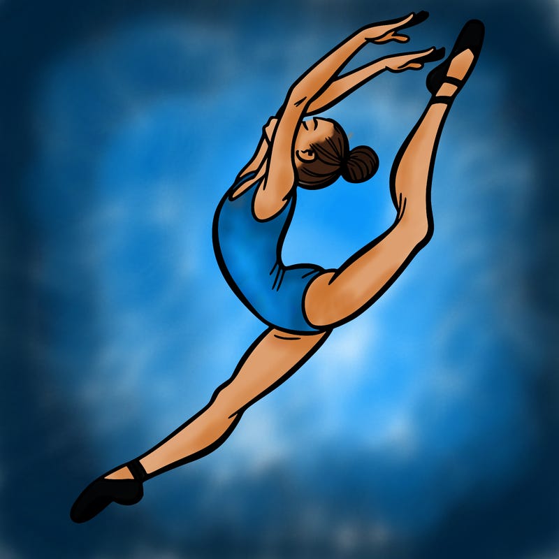 gymnast doing a leap in a leotard with a bent back leg