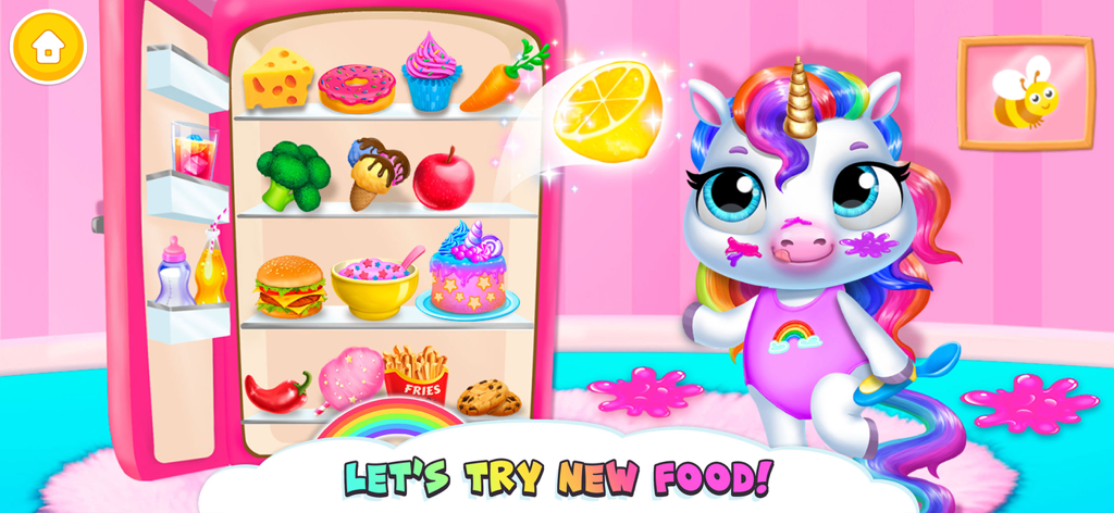 A baby unicorn standing next to a pink refrigerator full of colorful food items in the My Baby Unicorn app