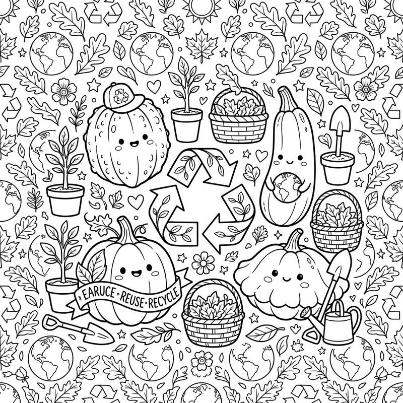 Get ready to celebrate Earth Day with this charming coloring page featuring an array of happy squash. Adorned with recycling symbols, it's a fun way to learn about protecting our planet and practicing eco-friendly habits.