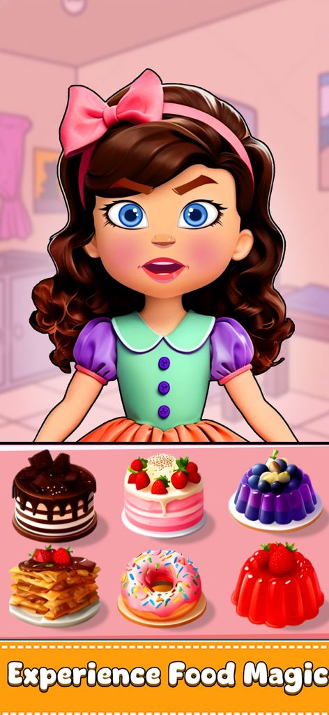 Eating Food Games: ASMR Games - Una chica de dibujos animados eligiendo entre varios pasteles y postres coloridos en un juego ASMR