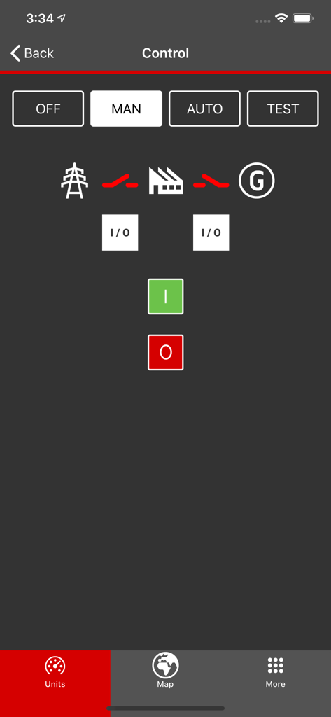 WebSupervisor 앱 원격 제어 인터페이스는 산업용 전력 시스템의 모드 선택기를 포함합니다.