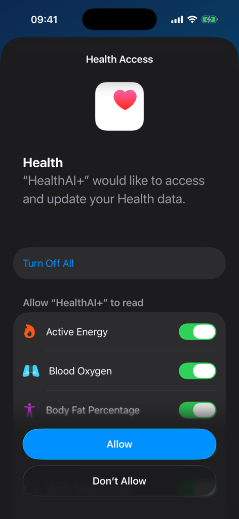 HealthAI+ App fordert Zugriff auf Apple Health-Daten für aktive Energie, Blutsauerstoff und Körperfettanteil unter iOS an