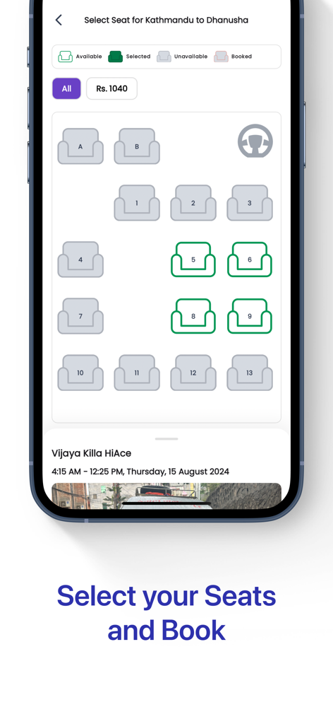 Go My Go - Book Bus Tickets - Interfaz de la aplicación Go My Go que muestra la selección interactiva de asientos para reservar un autobús de Katmandú a Dhanusha.