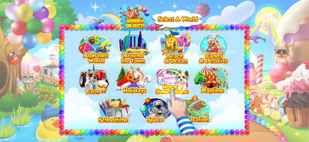 Main menu of the Kids Learning Puzzle Pic Game showing various themed hidden object levels to select