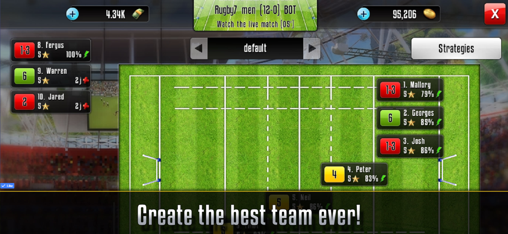 Strategic team management screen showing player positions and stats on a green rugby field.