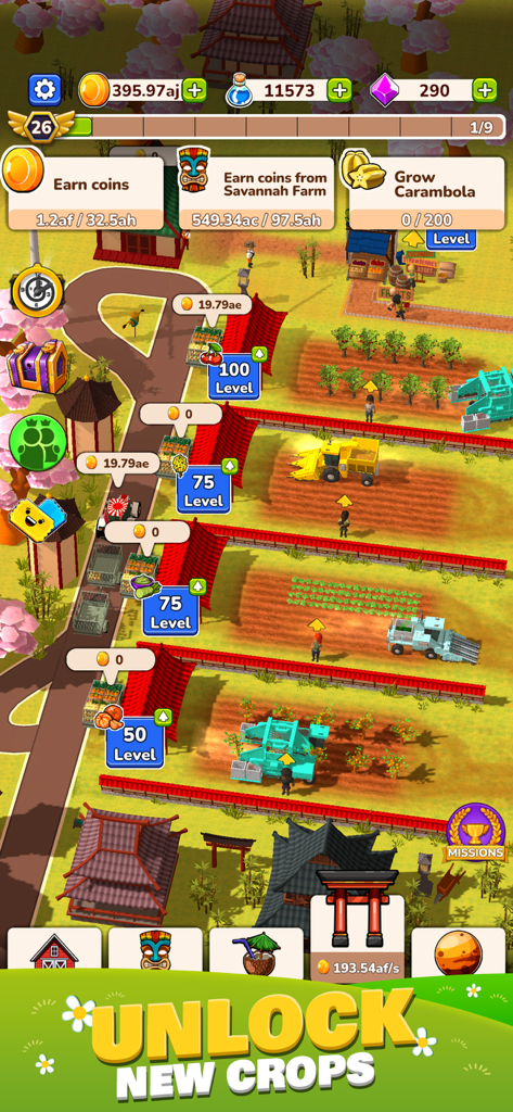 Idle Farm gameplay featuring a Japanese theme and tiered crop fields