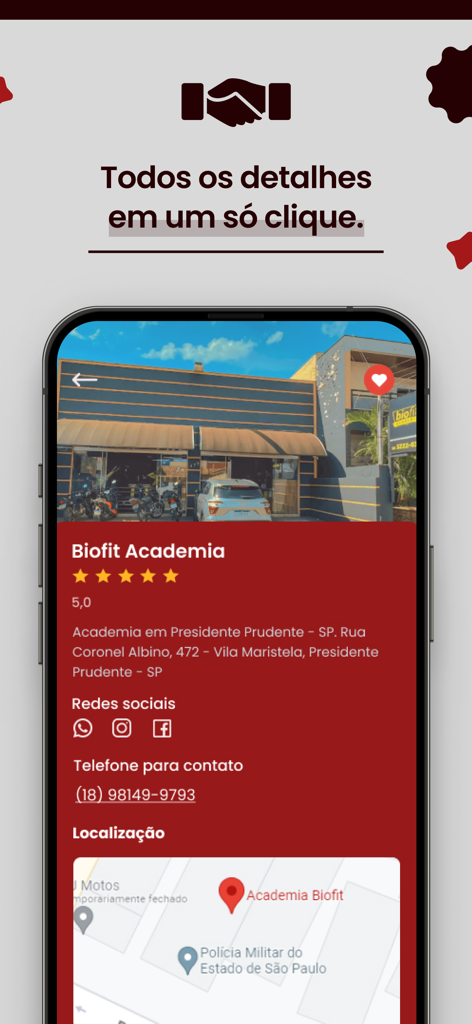 Pantalla de la aplicación móvil que muestra el perfil de un negocio asociado con detalles de contacto y ubicación en el mapa.