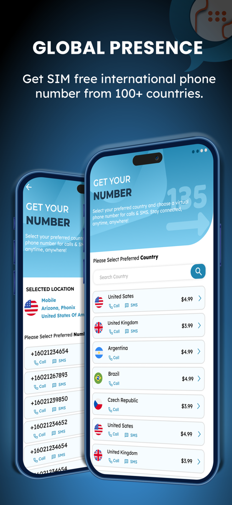 Phoring - Interface of Phoring app showing available international virtual phone numbers for business calls and SMS