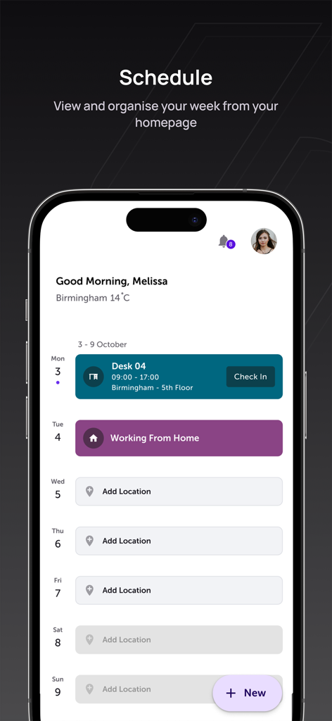 RICOH Spaces - RICOH Spaces app schedule screen displaying weekly desk bookings and hybrid work status on an iPhone
