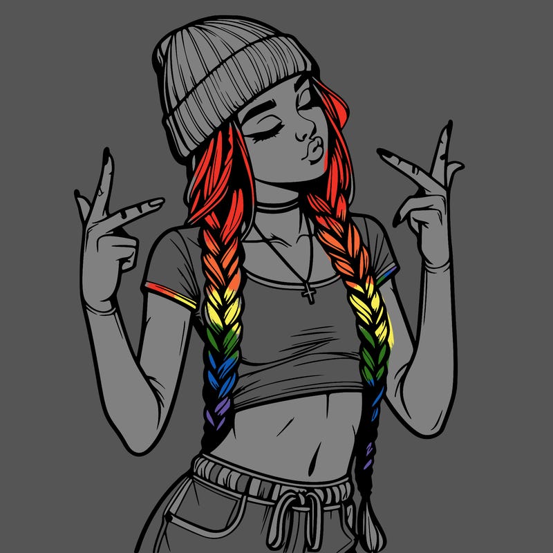 realistic teenage girl with braids and a beanie and crop top doing 🫶🏼