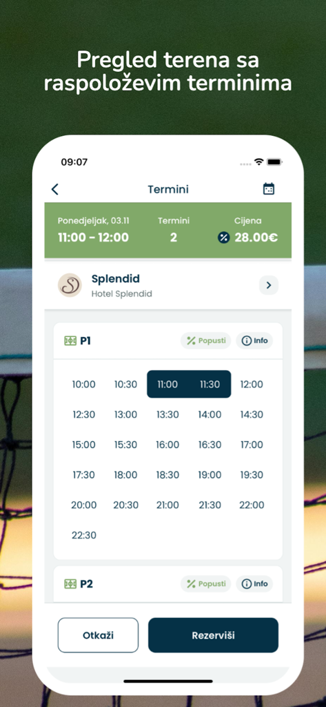 Tereni Online - A mobile app interface showing a grid of available time slots for booking a sports court at a specific facility.