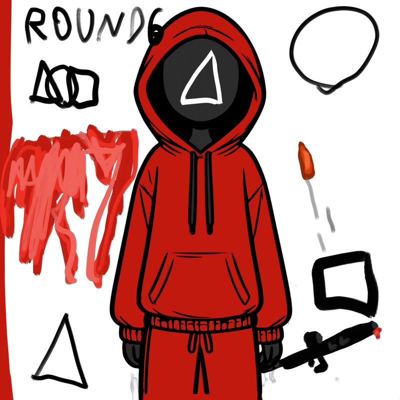 faceless girl in a tracksuit with a hood on and no hair