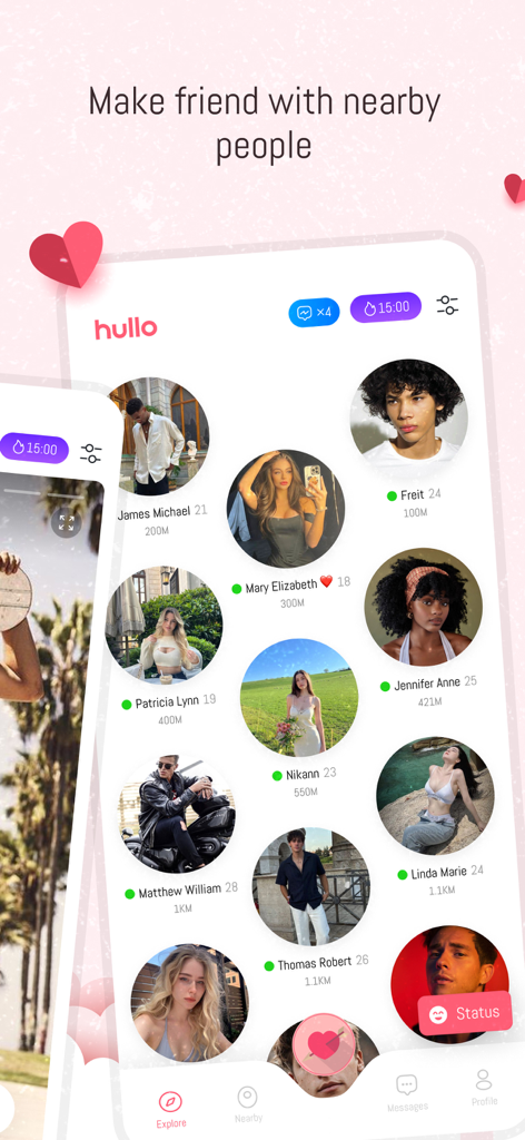 Hullo dating app discovery screen displaying nearby singles profiles in a circular grid