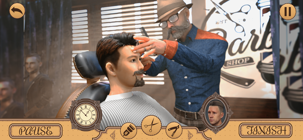 Barber games: Hair tattoo Shop - Un barbero cortando el pelo de un cliente en una interfaz de juego de simulación de barbería 3D realista
