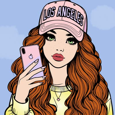realistic beautiful girl wearing los ángeles cap holding an iphone