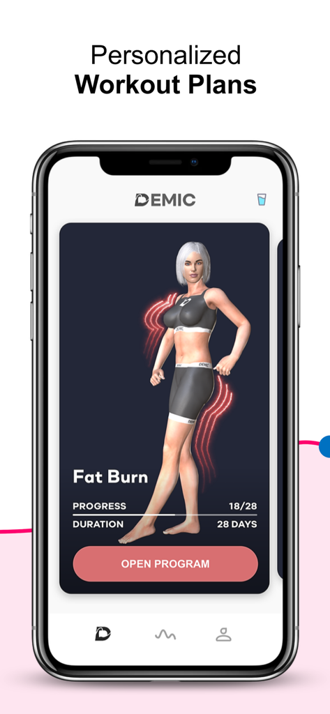 Demic: Weight Loss Workouts - Demic app showing a personalized fat burn workout plan with 3D animation