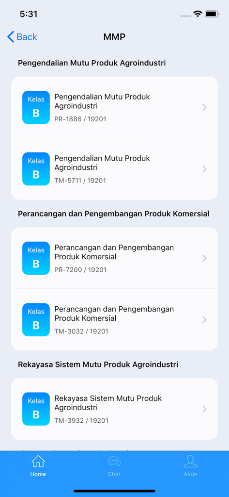Sister For Student - Interfaz de la aplicación Sister For Student que muestra una lista de cursos académicos inscritos y secciones de clase.
