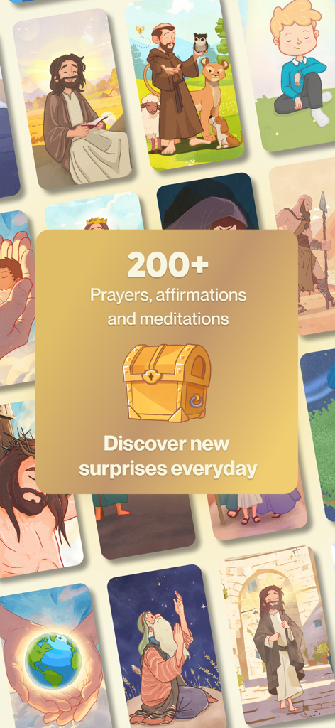 Theo: Prayer & Meditation - Una colección de tarjetas ilustradas que muestran historias bíblicas y oraciones con un icono de cofre del tesoro dorado para sorpresas diarias.