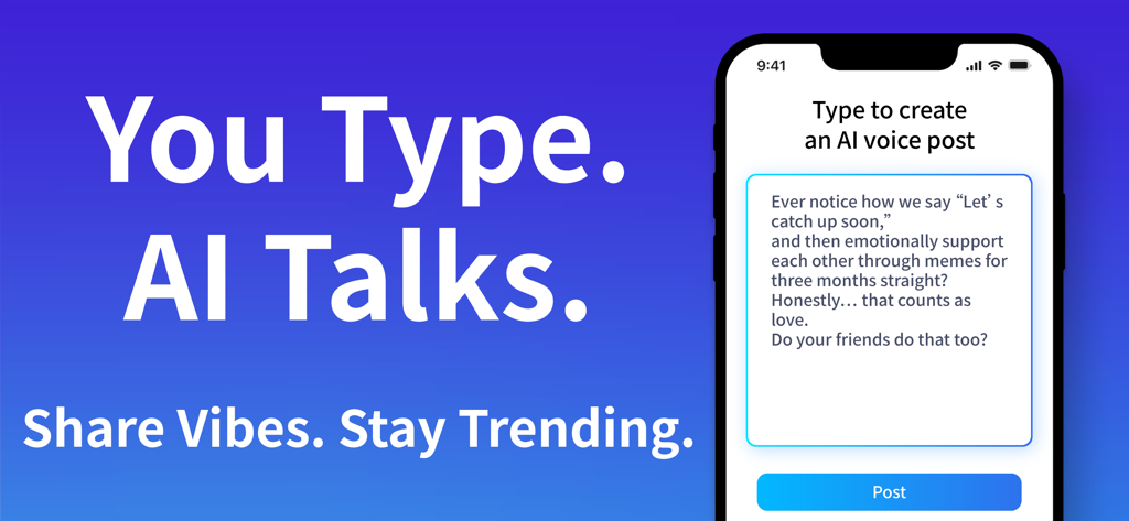 A smartphone interface showing a text to AI voice post feature with a blue background