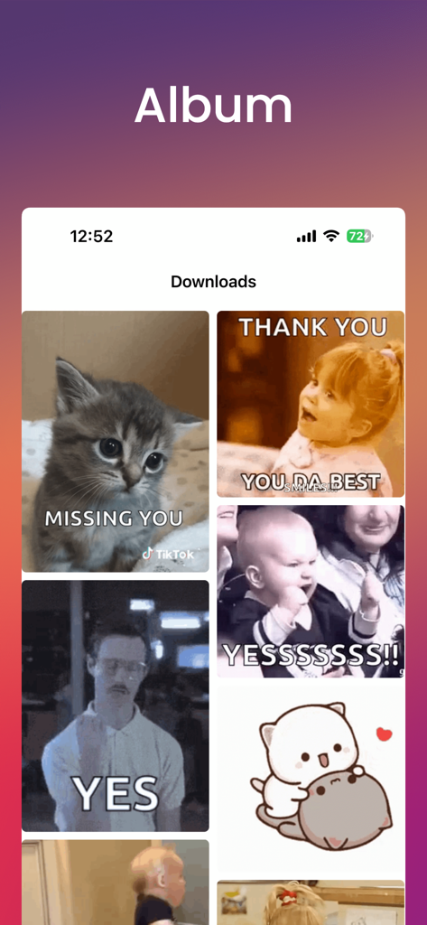 Screenshot of the GIFFF app showing a curated album of downloaded reaction GIFs like a kitten and a baby celebrating