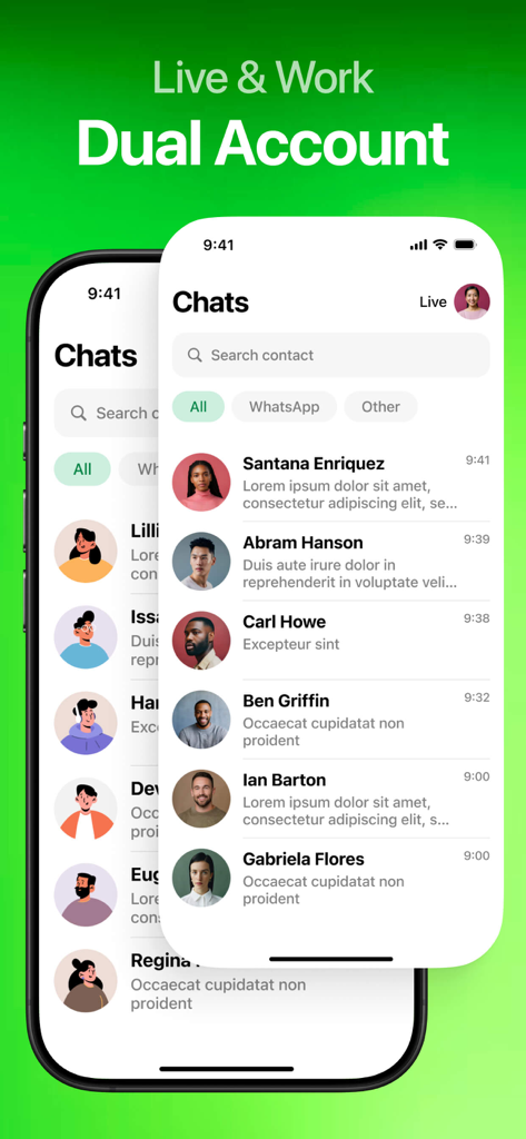 Interfaz de la aplicación Mensajero Doble para WhatsApp que muestra cuentas dobles para uso personal y profesional