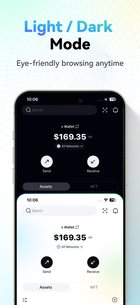 CoinEx Wallet - Crypto & DeFi - Captura de pantalla de CoinEx Wallet mostrando la comparación entre sus modos claro y oscuro para una navegación amigable con la vista.