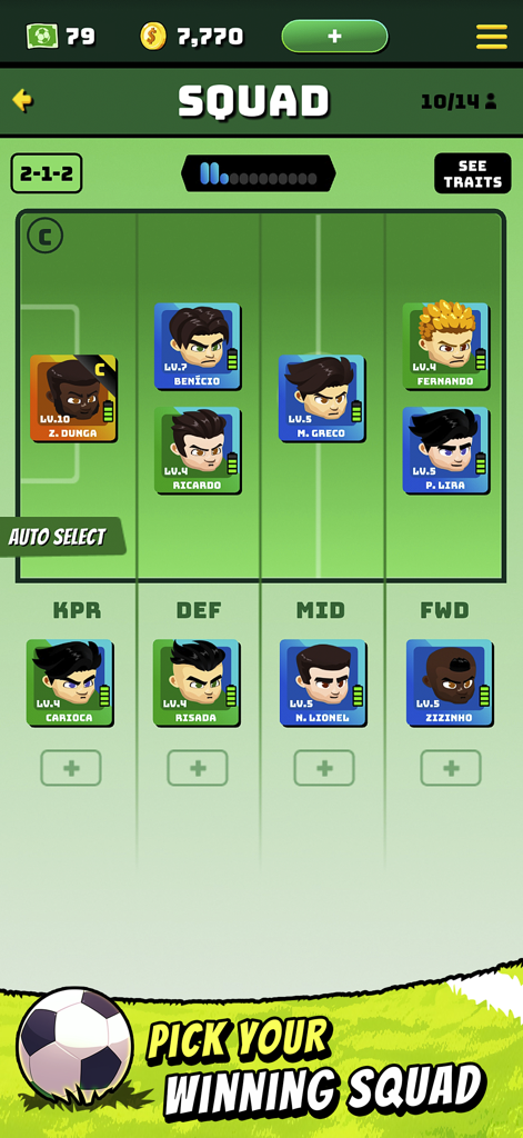 Fire Up Football Manager - Fire Up Football Manager squad selection interface showing a soccer team lineup and 2-1-2 formation