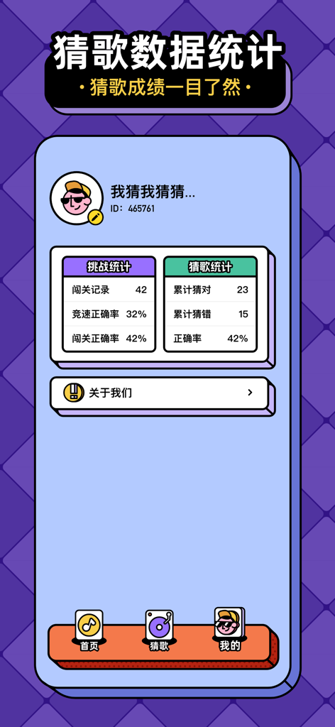 Pagina del profilo utente nell'app mobile "Indovina la canzone del giorno" che mostra statistiche sui record delle sfide e sull'accuratezza dell'indovinazione delle canzoni.