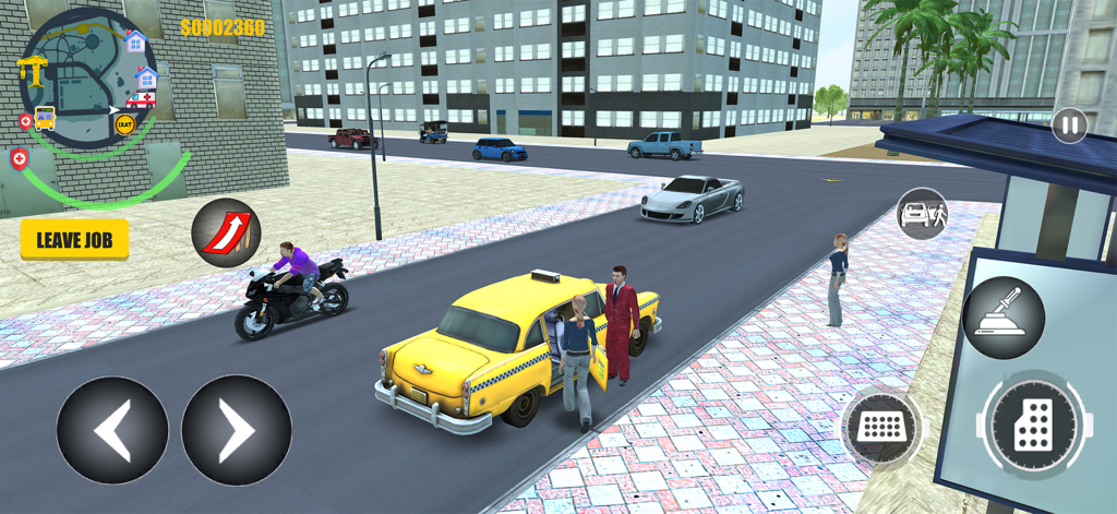 Urban Hustler: Job Simulator - A gameplay screenshot of Urban Hustler Job Simulator showing a taxi driver mission in a city environment.