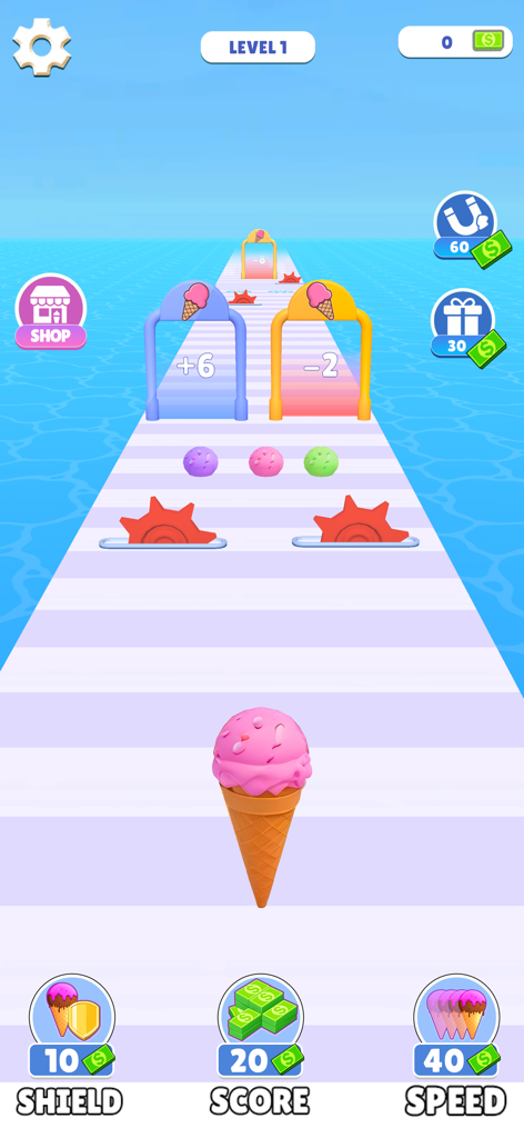 Stacky IceCream Runner - Gameplay of Stacky Ice Cream Runner showing a cone navigating a track with math gates and obstacles over water