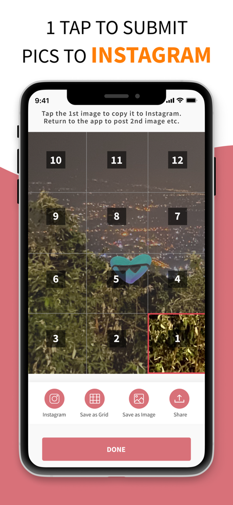 Grid Maker - Gridzilla - Interfaz móvil que muestra una foto de paisaje dividida en 12 cuadros numerados para publicación secuencial en Instagram