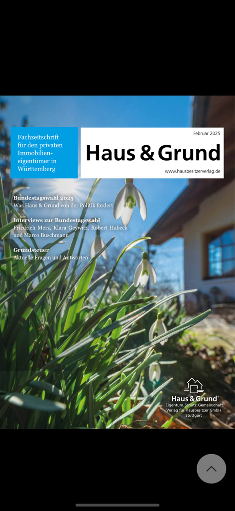 Front cover of the Haus and Grund Wuerttemberg magazine for February 2025 featuring snowdrops and property management topics.