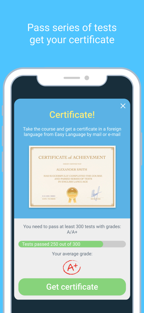 LinGo Play app screen displaying a language learning achievement certificate and course progress.