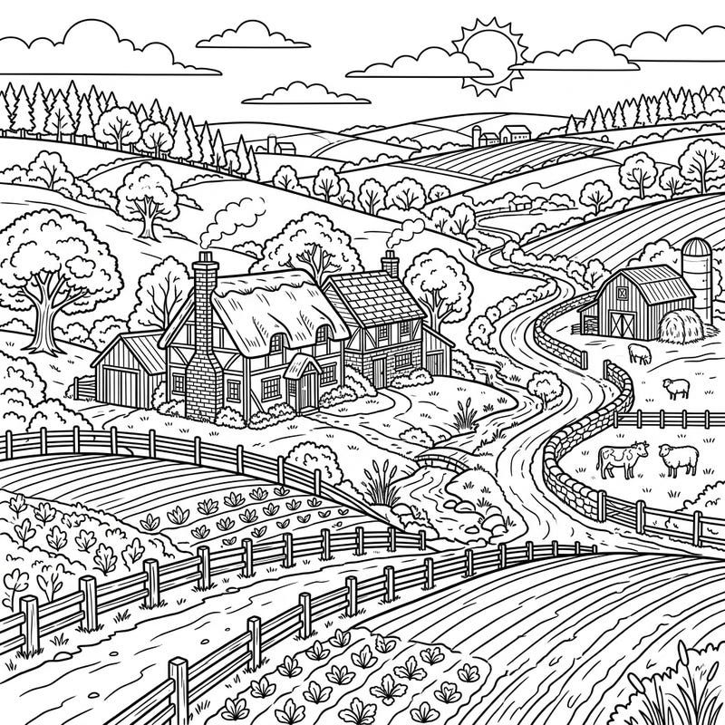 Discover the peaceful beauty of the countryside with our charming farm cottages coloring page. Crafted for seniors, this template offers clear outlines and inviting details for a relaxing and fulfilling creative journey.