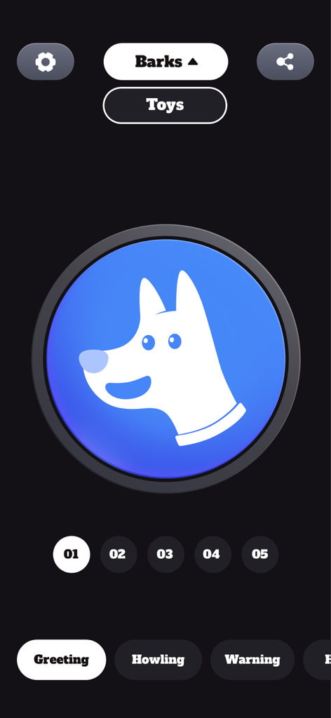 Dog Barking App - Barks & Toys - Main screen of the Dog Barking App showing sound categories like greeting and howling with a central dog icon button