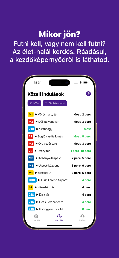 Leszálló: Get there faster - Interface showing real-time departure countdowns for various transit lines in Budapest.
